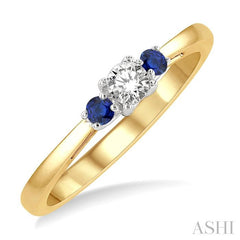 2.15 MM Round Shape Sapphire and 1/6 Ctw Past, Present and Future Round Cut Diamond Precious Ring in 14K Yellow and White Gold