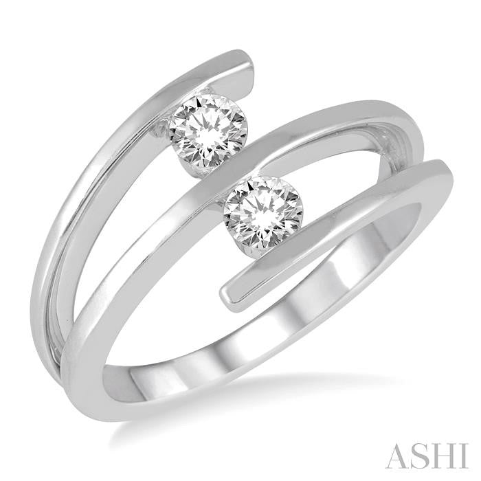 3/8 Ctw Split Shank Tongs Duo Diamond 2Stone Ring in 14K White Gold