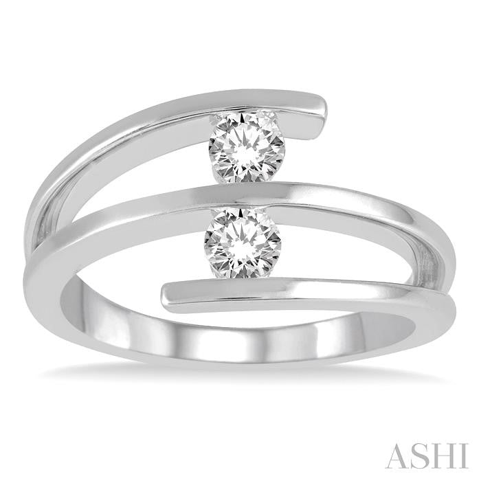 3/8 Ctw Split Shank Tongs Duo Diamond 2Stone Ring in 14K White Gold