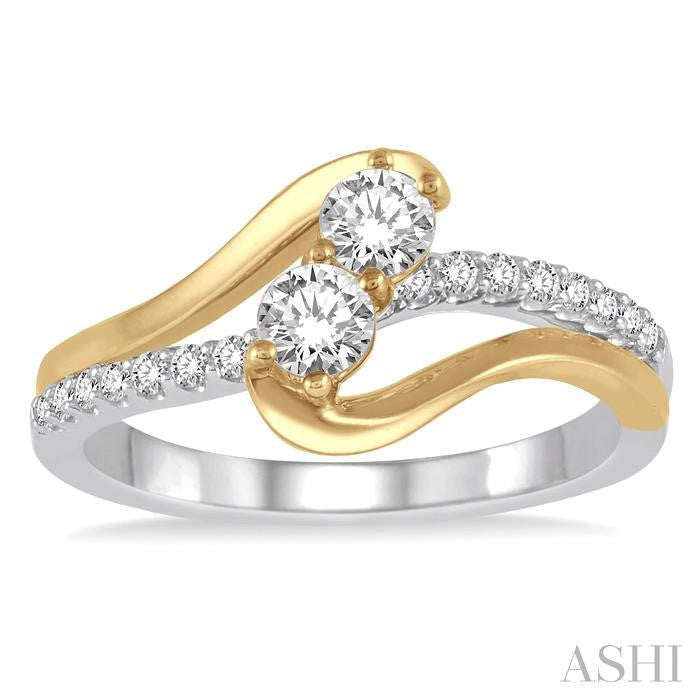 5/8 Ctw Twin Center Stone Swing Arm Round Cut Diamond 2stone Ring in 14K White and Yellow Gold
