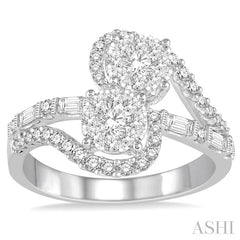 7/8 Ctw Curved Arm Twin Center Baguette and Round Diamond 2stone Lovebright Ring in 14K White Gold