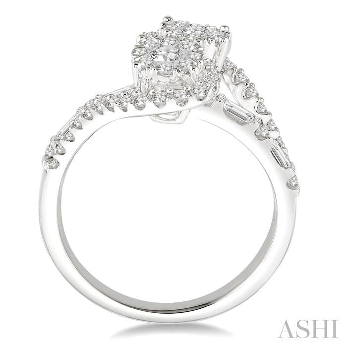 7/8 Ctw Curved Arm Twin Center Baguette and Round Diamond 2stone Lovebright Ring in 14K White Gold