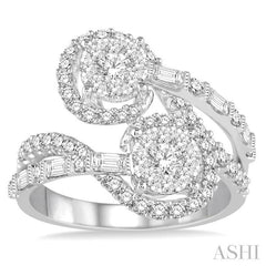 1 Ctw Split Swirl Center Round and Baguette Diamond 2stone Lovebright Ring in 14K White Gold