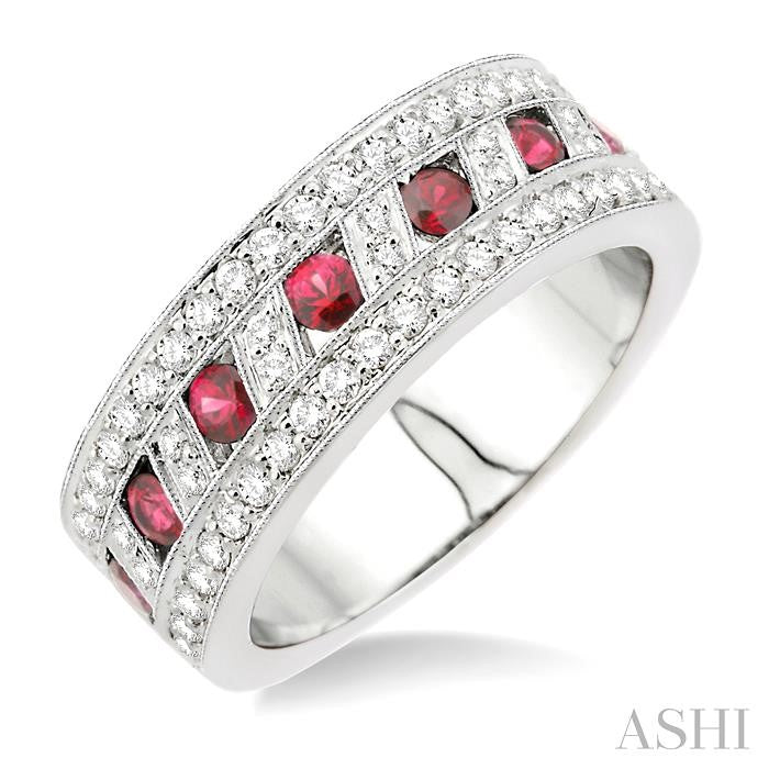 2.6 MM Round Cut Ruby and 5/8 Ctw Round Cut Diamond Precious Band in 14K White Gold