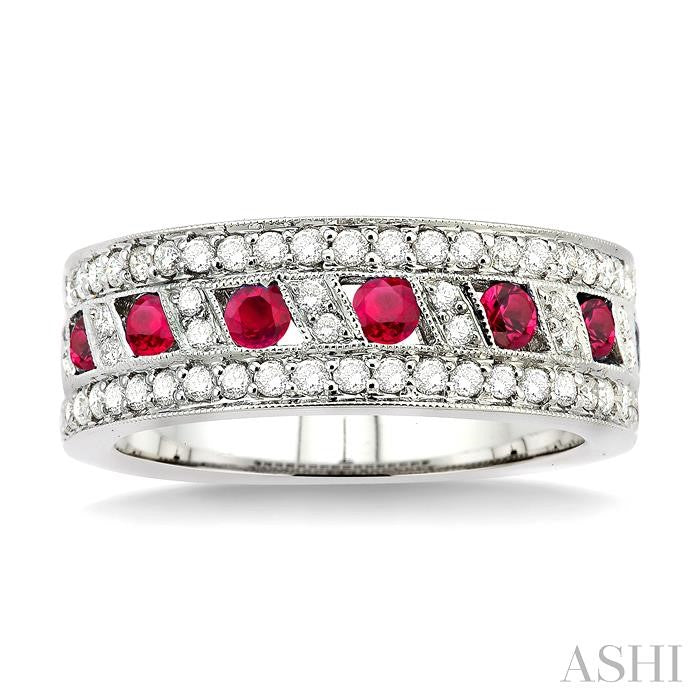 2.6 MM Round Cut Ruby and 5/8 Ctw Round Cut Diamond Precious Band in 14K White Gold