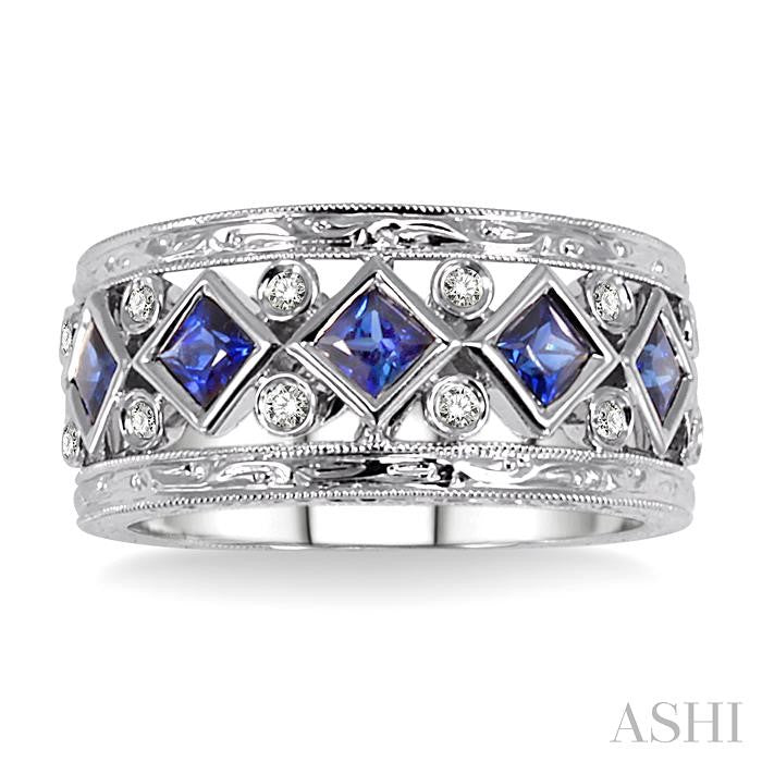 3x3 MM Princess Cut Sapphire and 1/4 Ctw Round Cut Diamond Precious Fashion Band in 14K White Gold