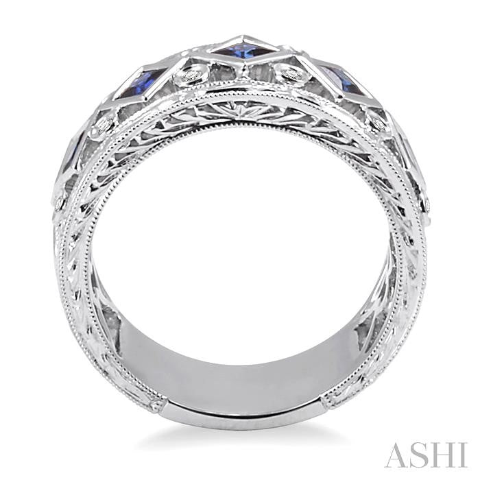 3x3 MM Princess Cut Sapphire and 1/4 Ctw Round Cut Diamond Precious Fashion Band in 14K White Gold