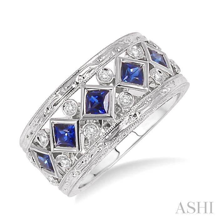 3x3 MM Princess Cut Sapphire and 1/4 Ctw Round Cut Diamond Precious Fashion Band in 14K White Gold