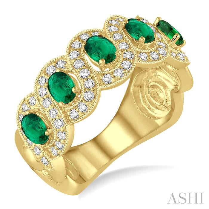 4x3 MM Oval Cut Emerald and 1/2 Ctw Round Cut Diamond Precious Band in 14K Yellow Gold