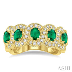 4x3 MM Oval Cut Emerald and 1/2 Ctw Round Cut Diamond Precious Band in 14K Yellow Gold