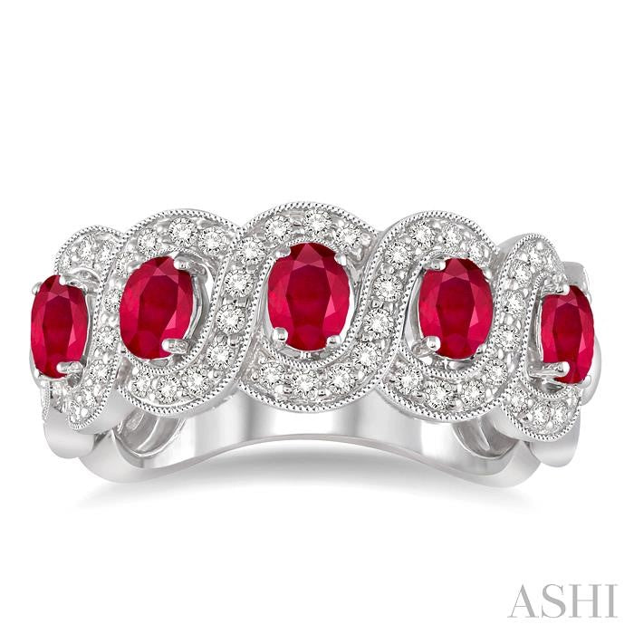 4x3 MM Oval Cut Ruby and 1/2 Ctw Round Cut Diamond Precious Band in 14K White Gold