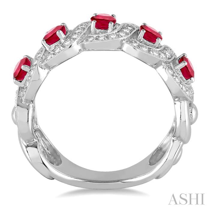 4x3 MM Oval Cut Ruby and 1/2 Ctw Round Cut Diamond Precious Band in 14K White Gold