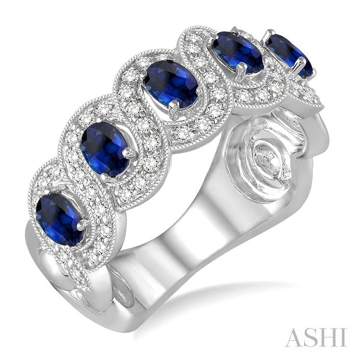 4x3 MM Oval Cut Sapphire and 1/2 Ctw Round Cut Diamond Precious Band in 14K White Gold