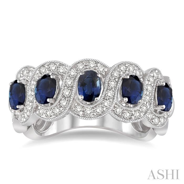 4x3 MM Oval Cut Sapphire and 1/2 Ctw Round Cut Diamond Precious Band in 14K White Gold