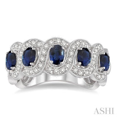 4x3 MM Oval Cut Sapphire and 1/2 Ctw Round Cut Diamond Precious Band in 14K White Gold