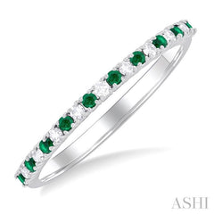 1.35 MM Round Cut Emerald and 1/10 Ctw Petite Round Cut Diamond Precious Stack Band in 10K White Gold