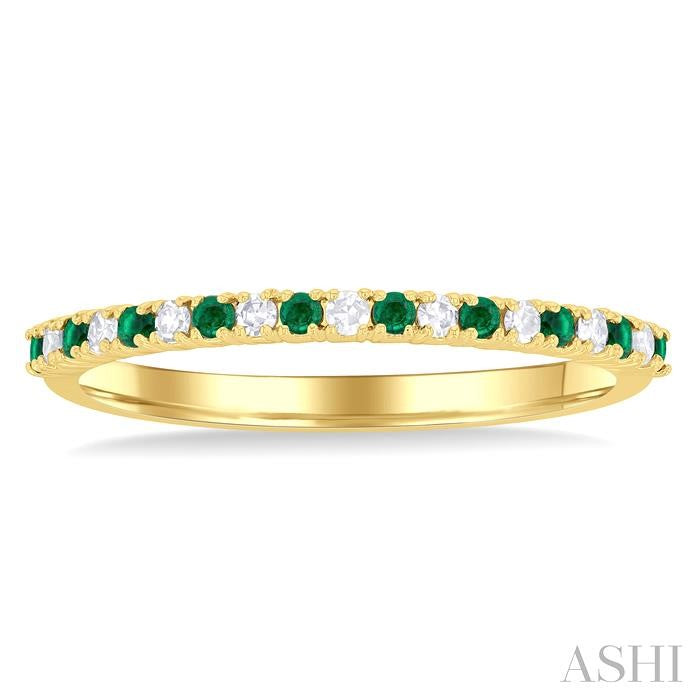 1.35 MM Round Shape Emerald and 1/10 Ctw Petite Round Cut Diamond Precious Stack Band in 10K Yellow Gold