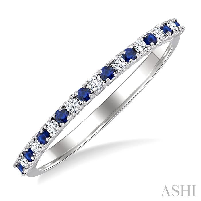 1.35 MM Round Shape Sapphire and 1/10 Ctw Petite Round Cut Diamond Precious Stack Band in 10K White Gold