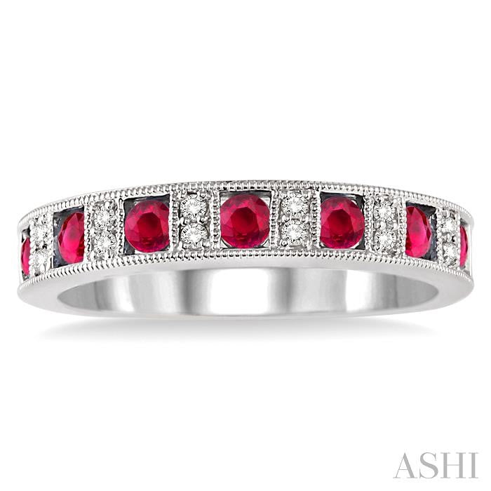 2.5 MM Round Cut Ruby and 1/10 Ctw Round Cut Diamond Precious Band in 14K White Gold