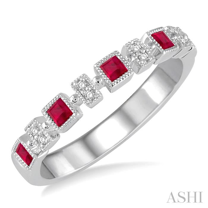2 MM Princess Shape Ruby and 1/50 Ctw Round Diamond Precious Stone Wedding Band in 14K White Gold