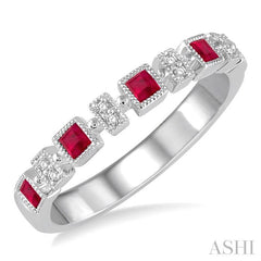2 MM Princess Shape Ruby and 1/50 Ctw Round Diamond Precious Stone Wedding Band in 14K White Gold