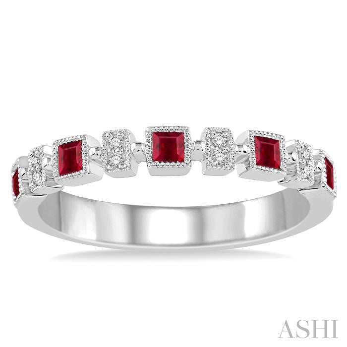 2 MM Princess Shape Ruby and 1/50 Ctw Round Diamond Precious Stone Wedding Band in 14K White Gold