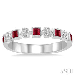 2 MM Princess Shape Ruby and 1/50 Ctw Round Diamond Precious Stone Wedding Band in 14K White Gold