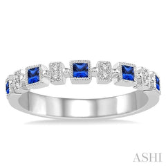 2 MM Princess Shape Sapphire and 1/50 Ctw Round Diamond Precious Stone Wedding Band in 14K White Gold