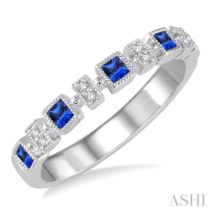 2 MM Princess Shape Sapphire and 1/50 Ctw Round Diamond Precious Stone Wedding Band in 14K White Gold
