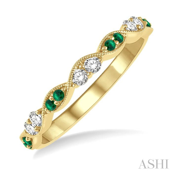 1.35 MM Round Cut Emerald and 1/5 Ctw Round Cut Diamond Precious Half Eternity Wedding Band in 14K Yellow Gold