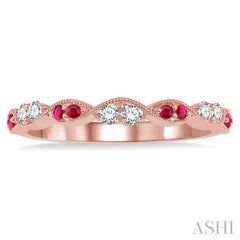 1.35 MM Round Cut Ruby and 1/5 Ctw Round Cut Diamond Precious Half Eternity Wedding Band in 14K Rose Gold