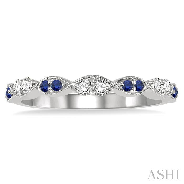 1.35 MM Round Cut Sapphire and 1/5 Ctw Round Cut Diamond Precious Half Eternity Wedding Band in 14K White Gold