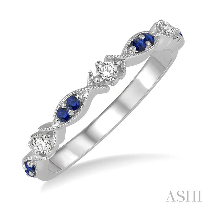 1.35 MM Round Cut Sapphire and 1/10 Ctw Round Cut Diamond Precious Half Eternity Wedding Band in 14K White Gold