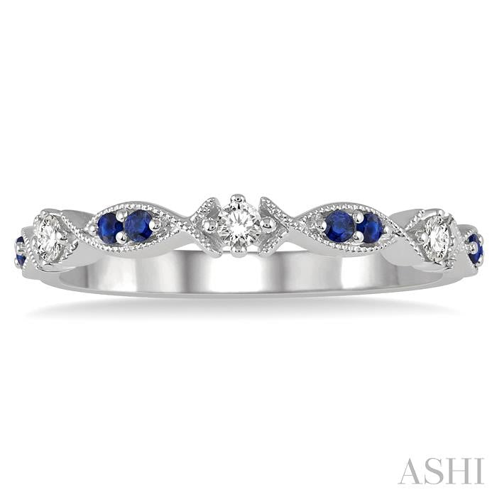 1.35 MM Round Cut Sapphire and 1/10 Ctw Round Cut Diamond Precious Half Eternity Wedding Band in 14K White Gold