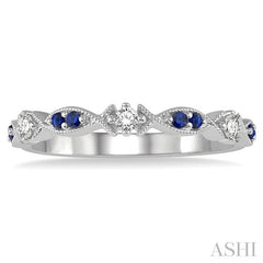 1.35 MM Round Cut Sapphire and 1/10 Ctw Round Cut Diamond Precious Half Eternity Wedding Band in 14K White Gold
