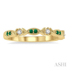 1.25 MM Round Cut Green Emerald and 1/20 Ctw Round Cut Diamond Precious Half Eternity Wedding Band in 14K Yellow Gold