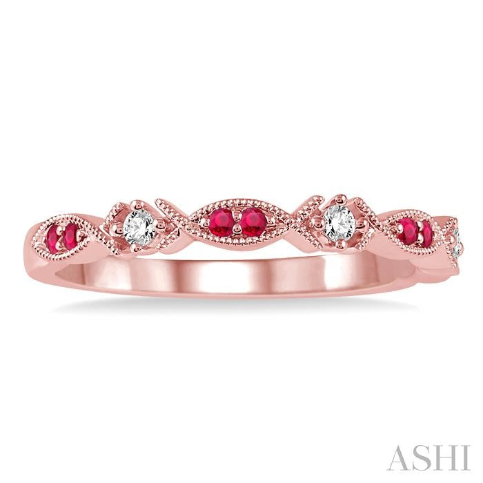1.25 MM Round Cut Ruby and 1/20 Ctw Round Cut Diamond Precious Half Eternity Wedding Band in 14K Rose Gold