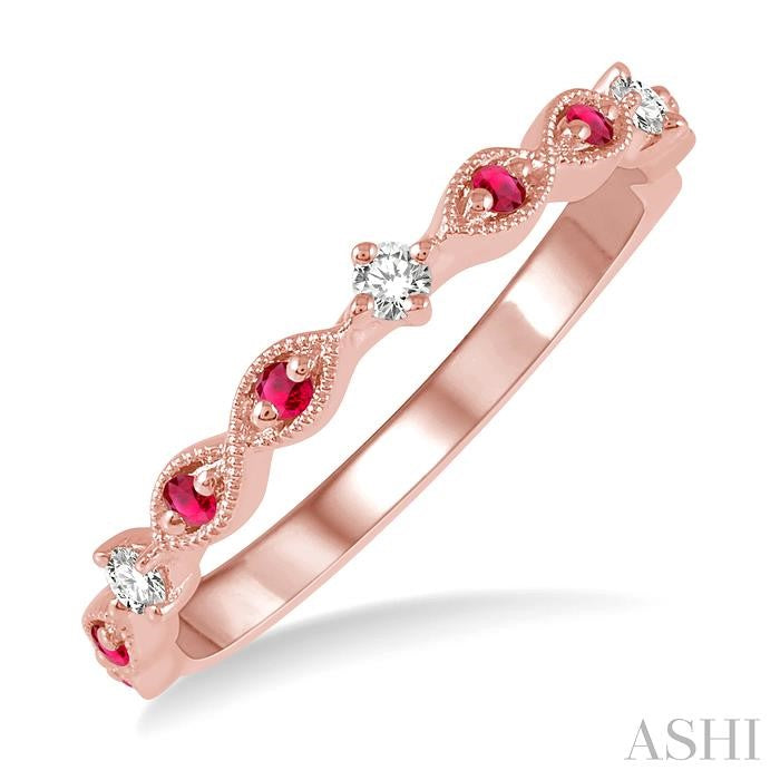 1.35 MM Round Cut Ruby and 1/10 Ctw Round Cut Diamond Precious Half Eternity Wedding Band in 14K Rose Gold