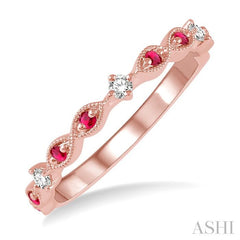 1.35 MM Round Cut Ruby and 1/10 Ctw Round Cut Diamond Precious Half Eternity Wedding Band in 14K Rose Gold