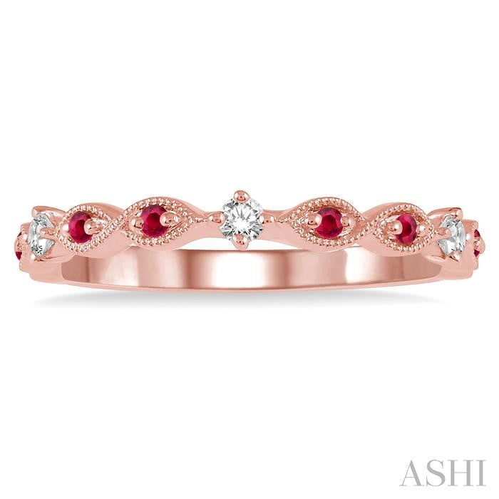 1.35 MM Round Cut Ruby and 1/10 Ctw Round Cut Diamond Precious Half Eternity Wedding Band in 14K Rose Gold
