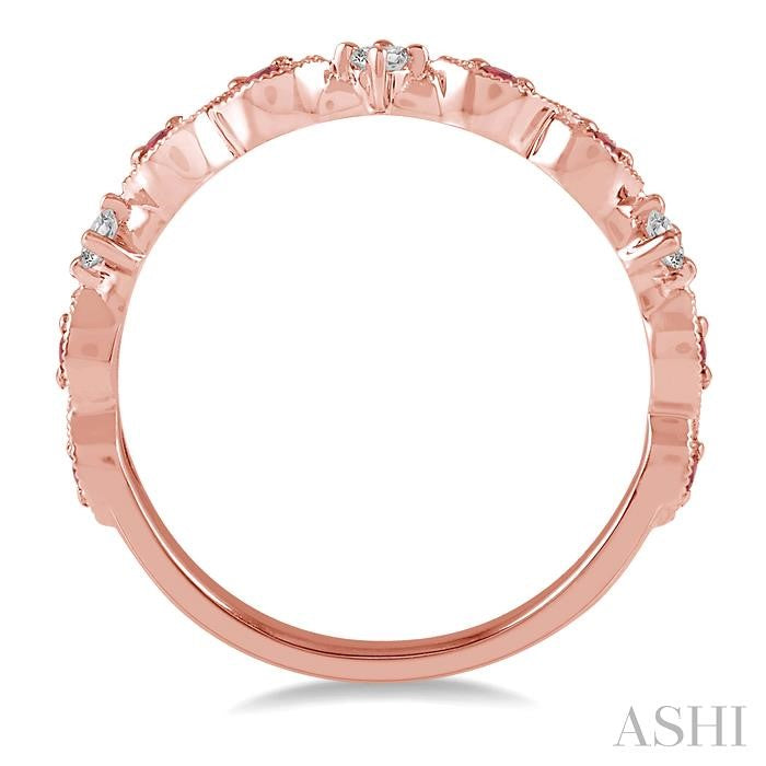 1.35 MM Round Cut Ruby and 1/10 Ctw Round Cut Diamond Precious Half Eternity Wedding Band in 14K Rose Gold