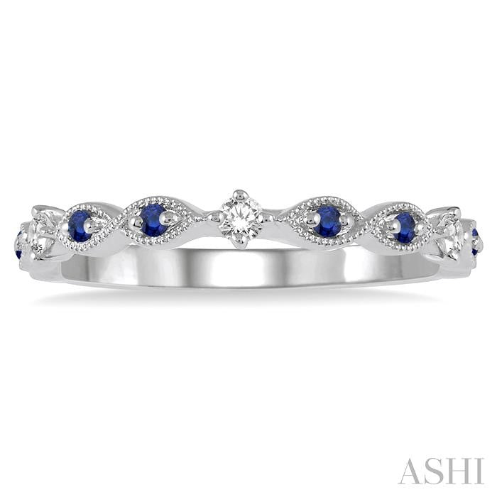 1.35 MM Round Cut Sapphire and 1/10 Ctw Round Cut Diamond Precious Half Eternity Wedding Band in 14K White Gold