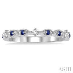 1.35 MM Round Cut Sapphire and 1/10 Ctw Round Cut Diamond Precious Half Eternity Wedding Band in 14K White Gold