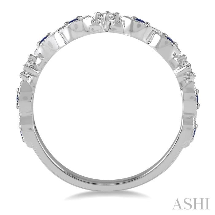 1.35 MM Round Cut Sapphire and 1/10 Ctw Round Cut Diamond Precious Half Eternity Wedding Band in 14K White Gold