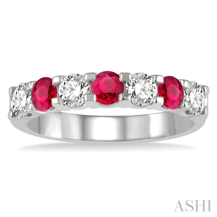3.3 MM Ruby and 1/2 Ctw Round Cut Diamond Precious Wedding Band in 14K White Gold