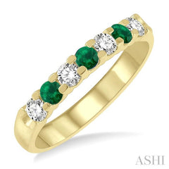 3 MM Emerald and 3/8 Ctw Round Cut Diamond Precious Wedding Band in 14K Yellow Gold
