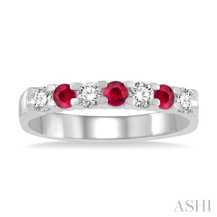 2.6 MM Ruby and 1/4 Ctw Round Cut Diamond Precious Wedding Band in 14K White Gold