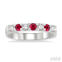 2.6 MM Ruby and 1/4 Ctw Round Cut Diamond Precious Wedding Band in 14K White Gold