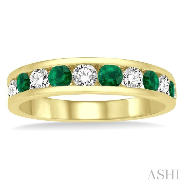 2.9 MM Emerald and 1/2 Ctw Round Cut Diamond Precious Wedding Band in 14K Yellow Gold