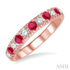2.6 MM Ruby and 3/8 Ctw Round Cut Diamond Precious Wedding Band in 14K rose Gold